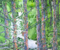 Summer  Falls - Landscape Painting Colors Green White Brown Grey
