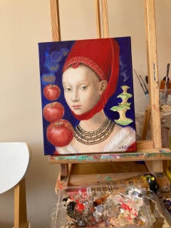 To Bite Into - Porträt Ölgemälde in den Farben Blau Weiß Rot Grün Gelb Schwarz