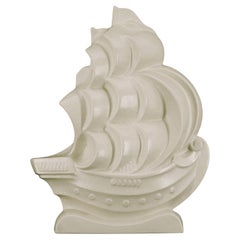Lejan Art Deco Caravel Ship Sculpture, Crackle Glaze, France, 1920