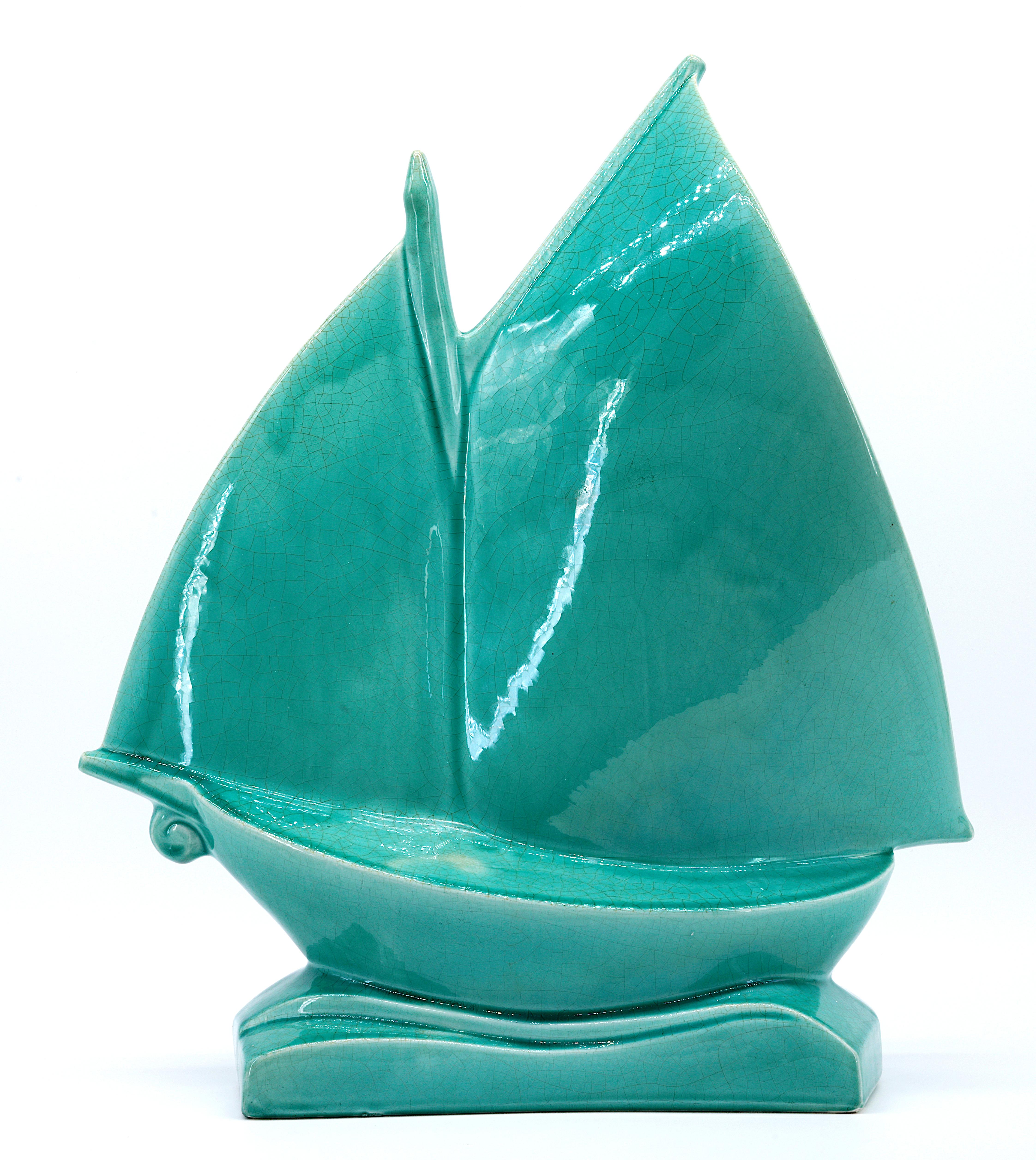 Early 20th Century Lejan Art Deco Crackle Glaze Ceramic Ship at Orchies's 1920s For Sale