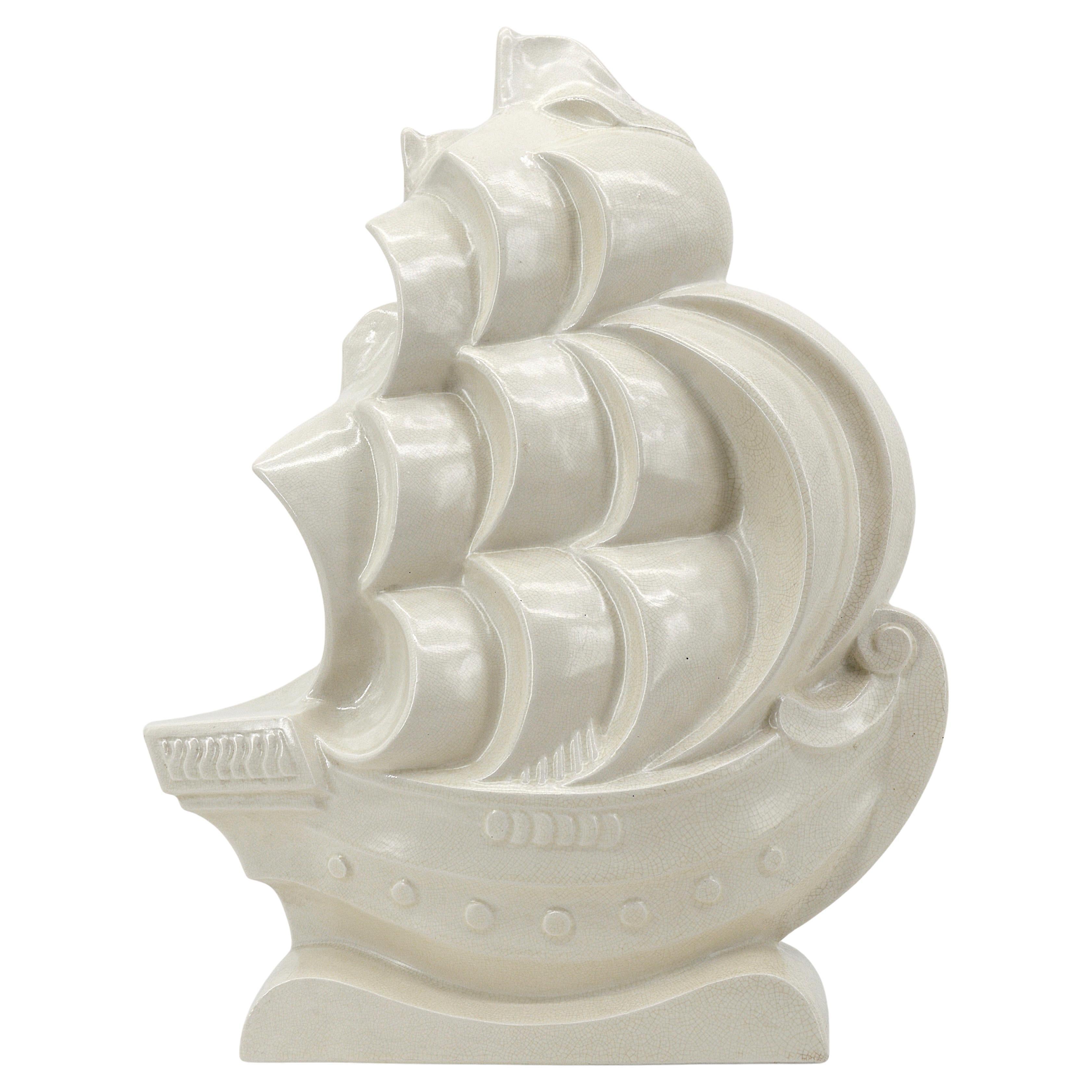 Lejan Art Deco Crackle Glaze Ceramic Ship Sculpture at Orchies's, France, 1920