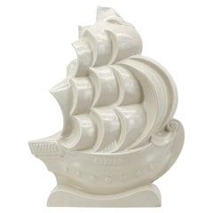 Lejan Art Deco Crackle Glaze Ceramic Ship Sculpture at Orchies's, France, 1920