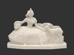 LEJAN Art Deco Crackle Glaze Ceramic Woman and Fawn at Sarreguemines 1920