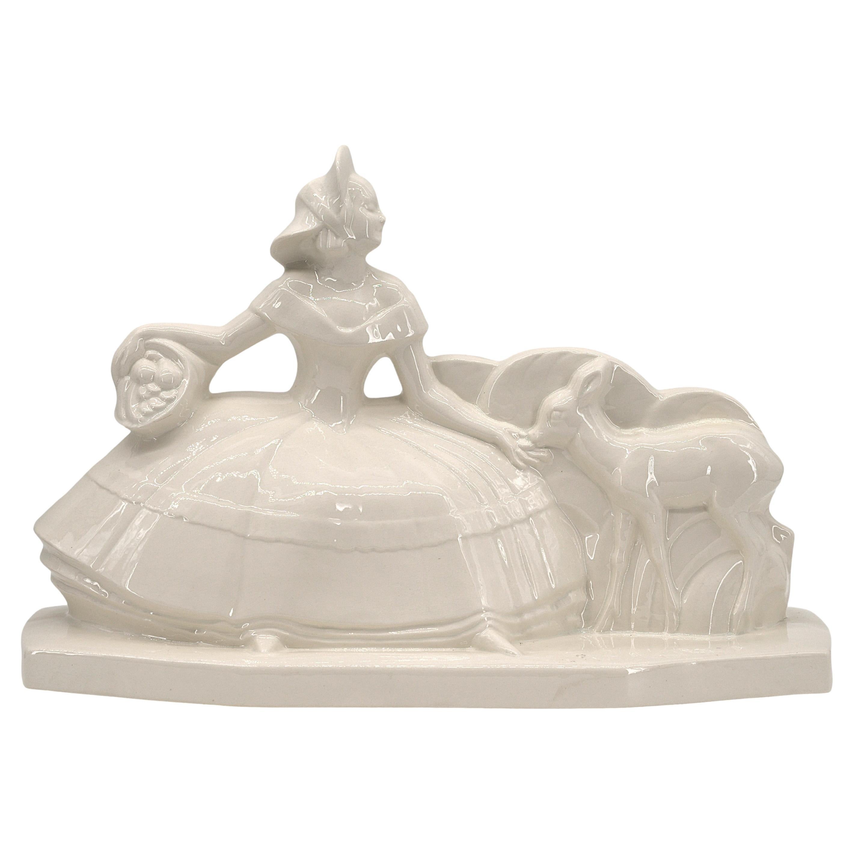 LEJAN Donna e cerbiatto in ceramica Art Deco con smalto a crepe a Sarreguemines 1920 in vendita
