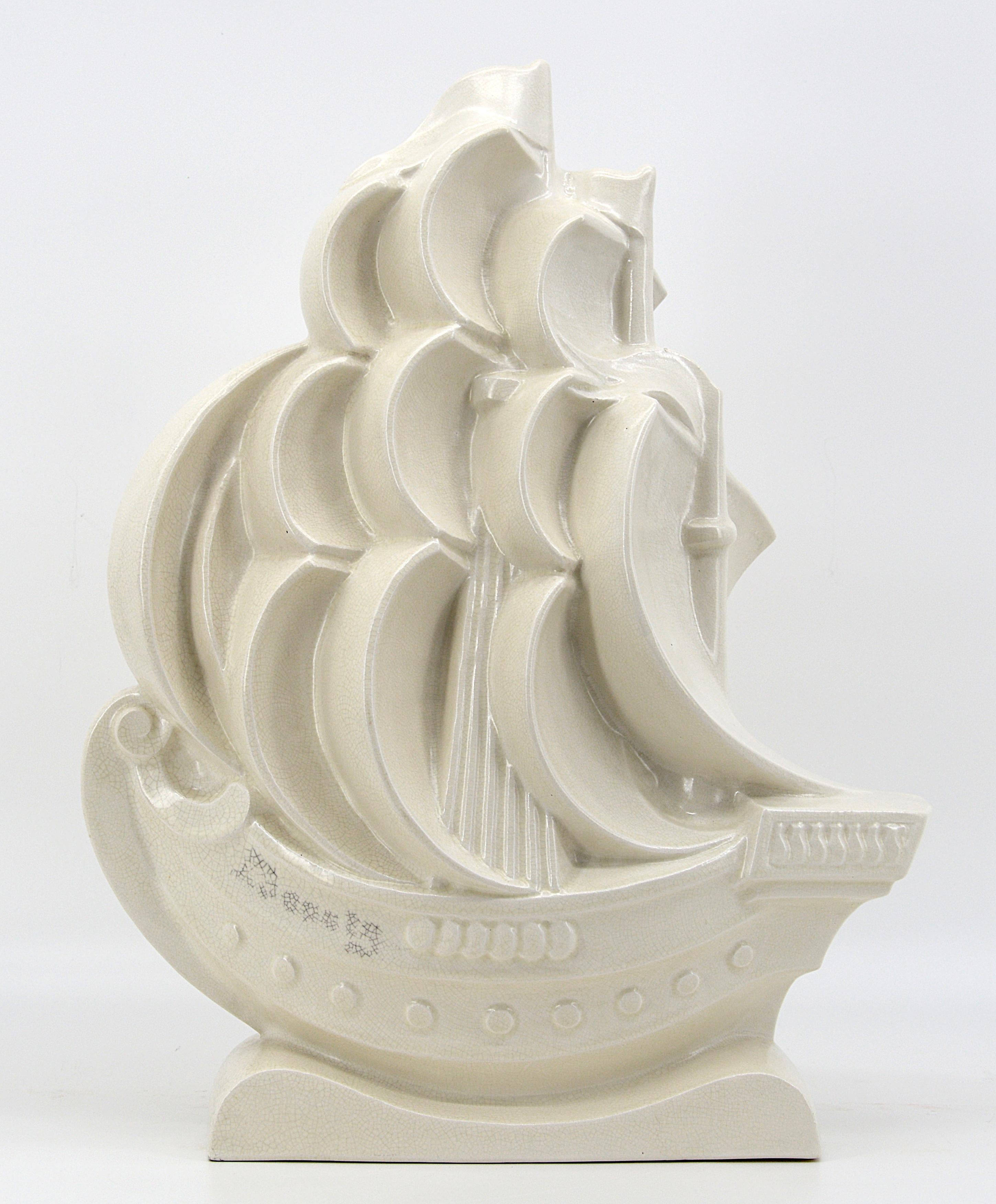 Early 20th Century Lejan French Art Deco Crackle Glaze Ceramic Ship Sculpture at Orchies's, 1930 For Sale