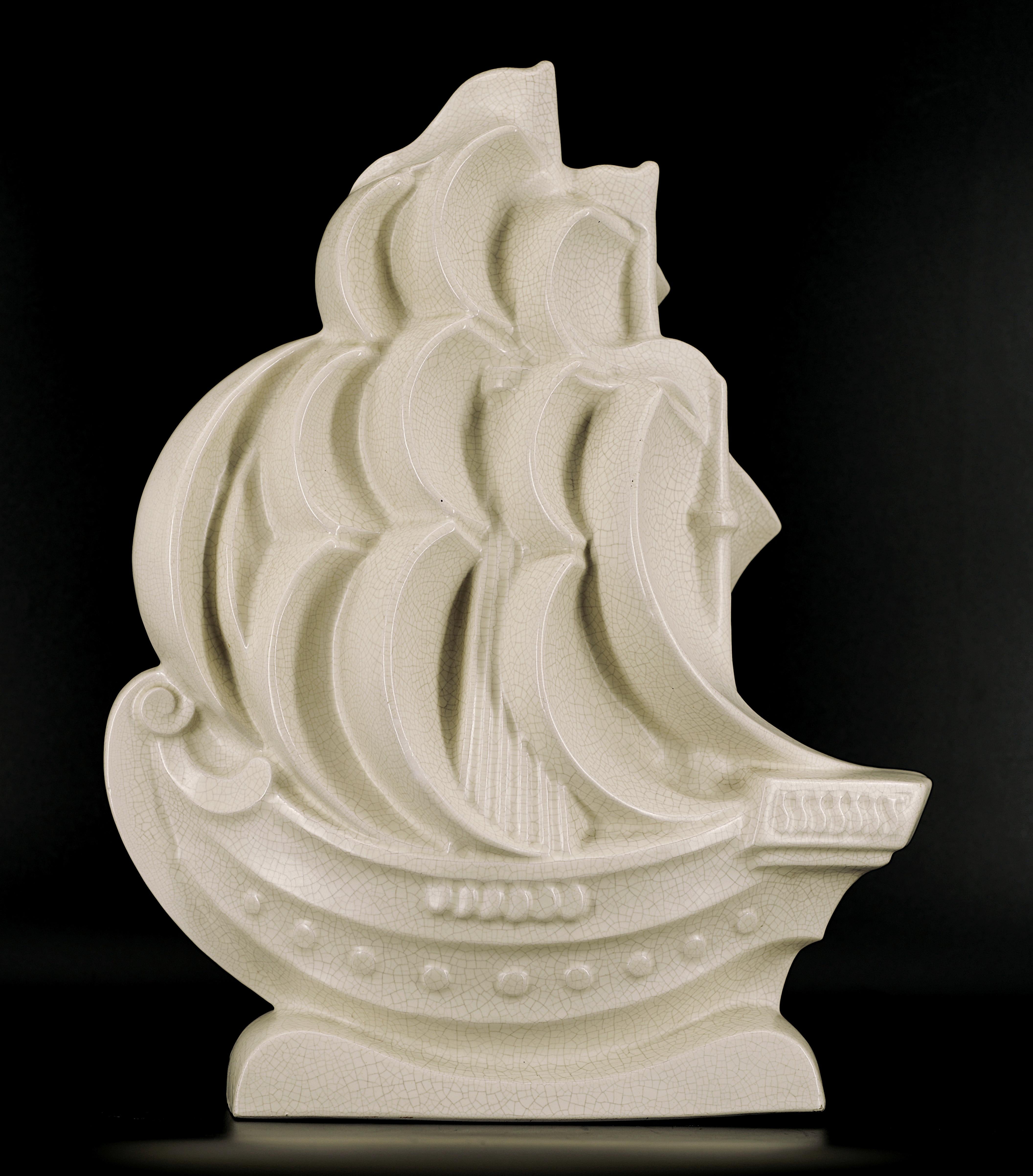 Lejan French Art Deco Crackle Glaze Ceramic Ship Sculpture at Orchies's, 1930 For Sale 1