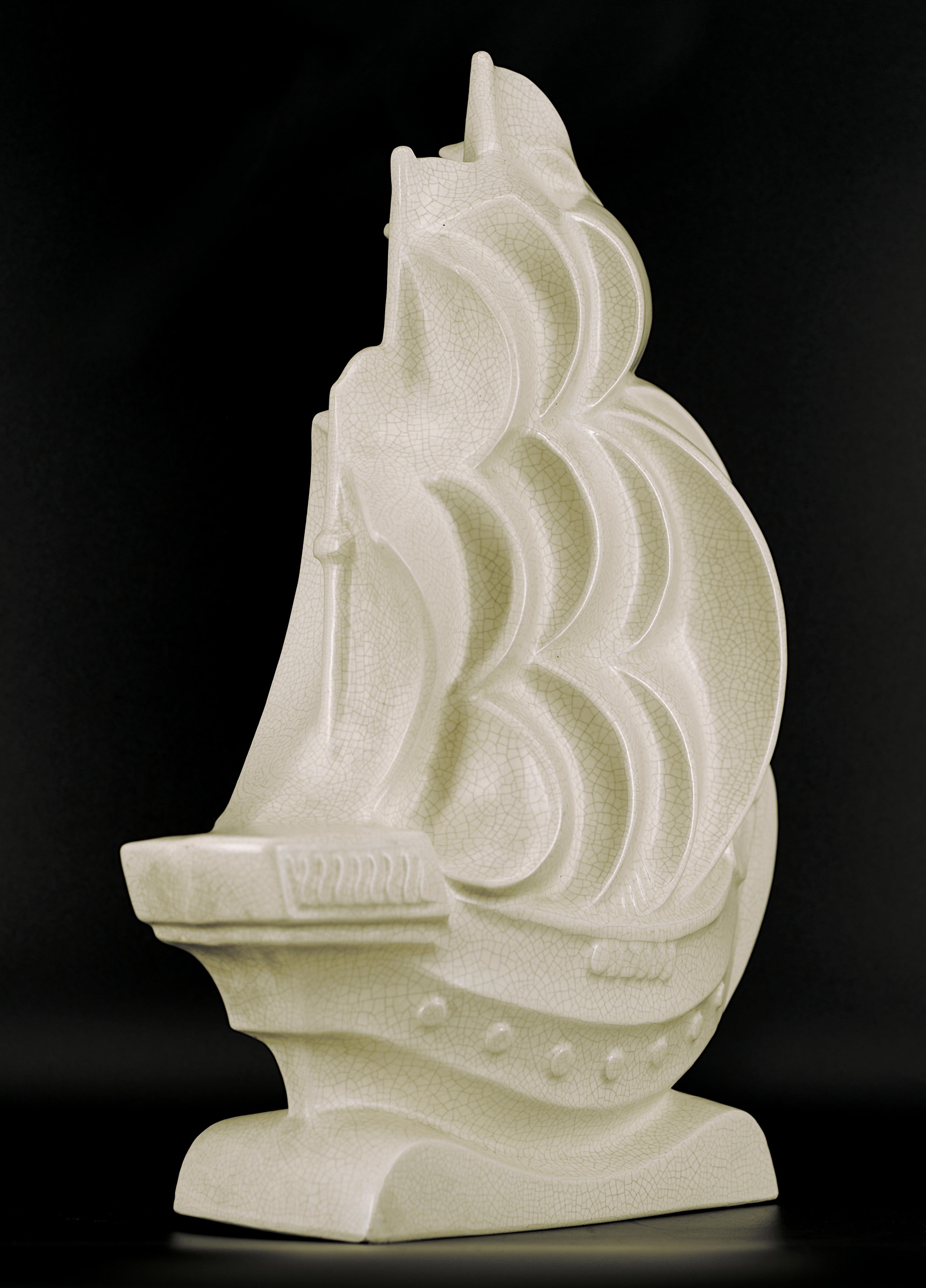 Lejan French Art Deco Crackle Glaze Ceramic Ship Sculpture at Orchies's, 1930 For Sale 3