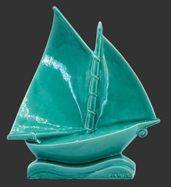 Lejan Large Art Deco Crackle Glaze Ceramic Ship at Orchies 1920