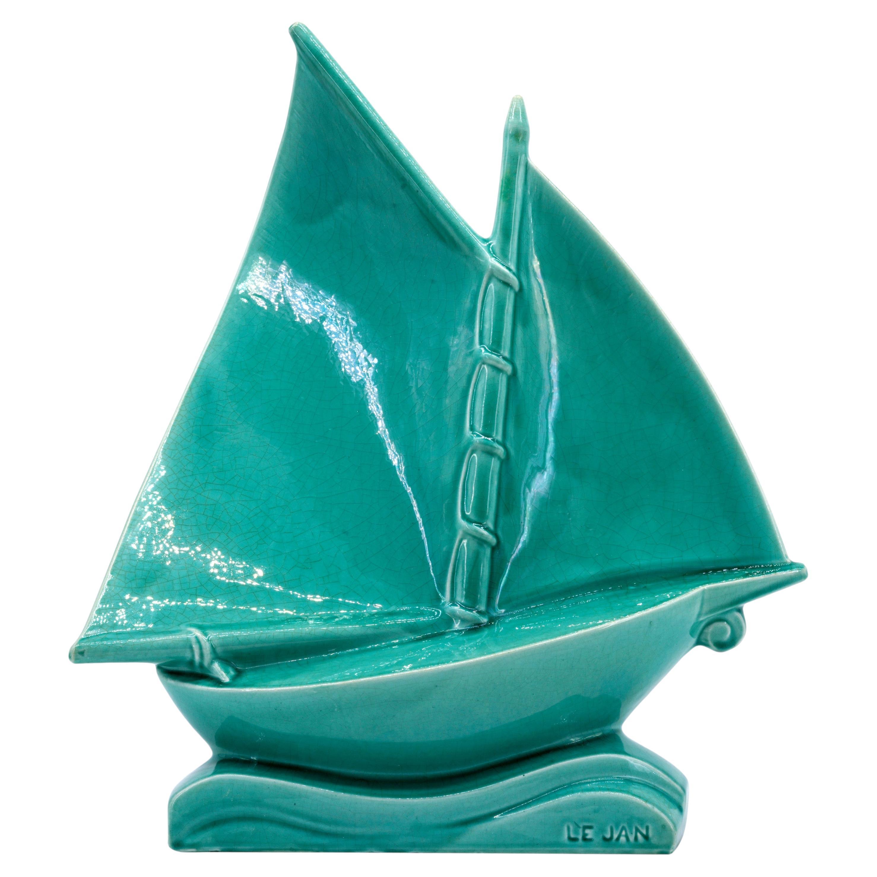 LEJAN Grande nave in ceramica Art Deco con smalto a crepe a Orchies 1920 in vendita