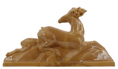 Lejan Large French Art Deco Ceramic Stags Sculpture, 1920