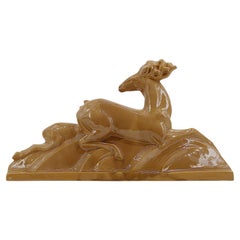 Lejan Large French Art Deco Ceramic Stags Sculpture, 1920