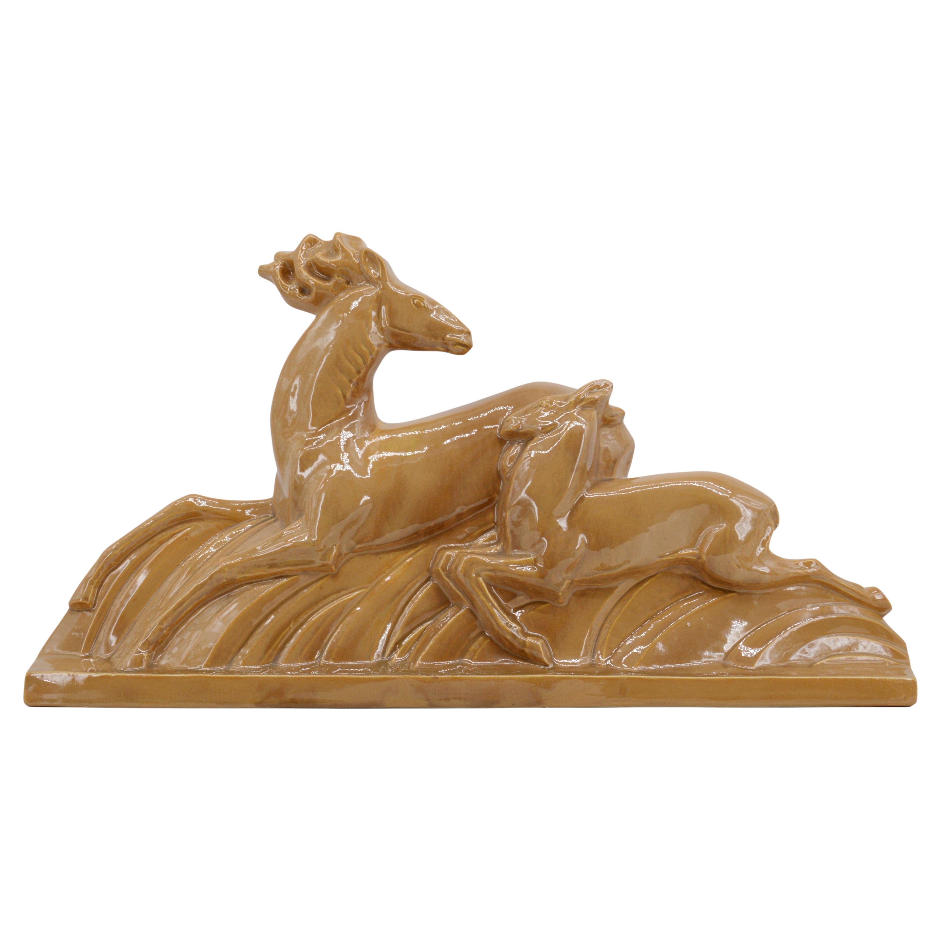 Lejan Large French Art Deco Ceramic Stags Sculpture, 1920