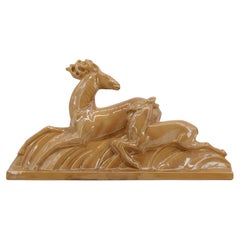 Antique Lejan Large French Art Deco Ceramic Stags Sculpture, 1920