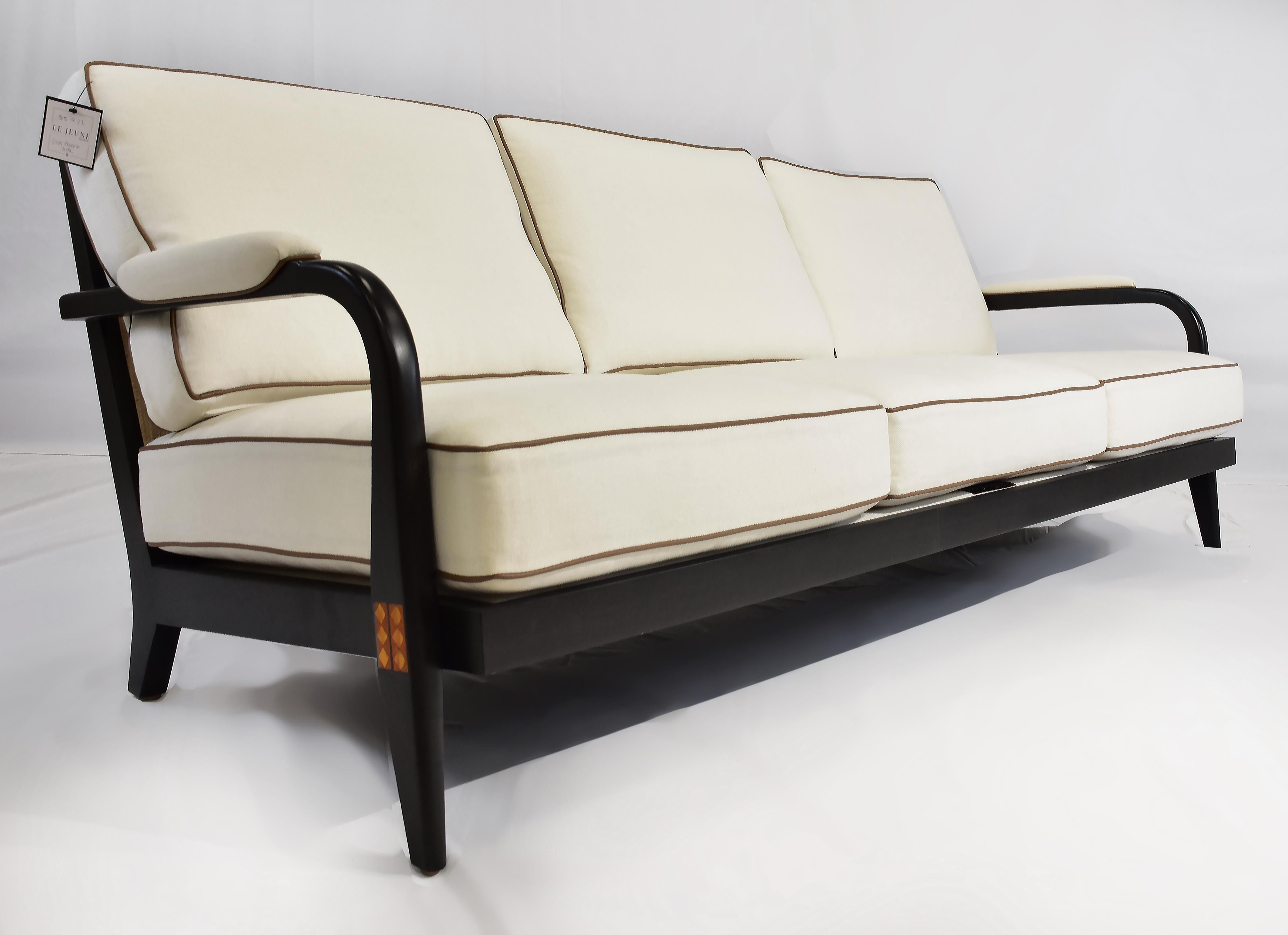 American Le June Upholstery 3 Seat Club Havana Sofa Floor Model, Walnut Finished Mahogany For Sale