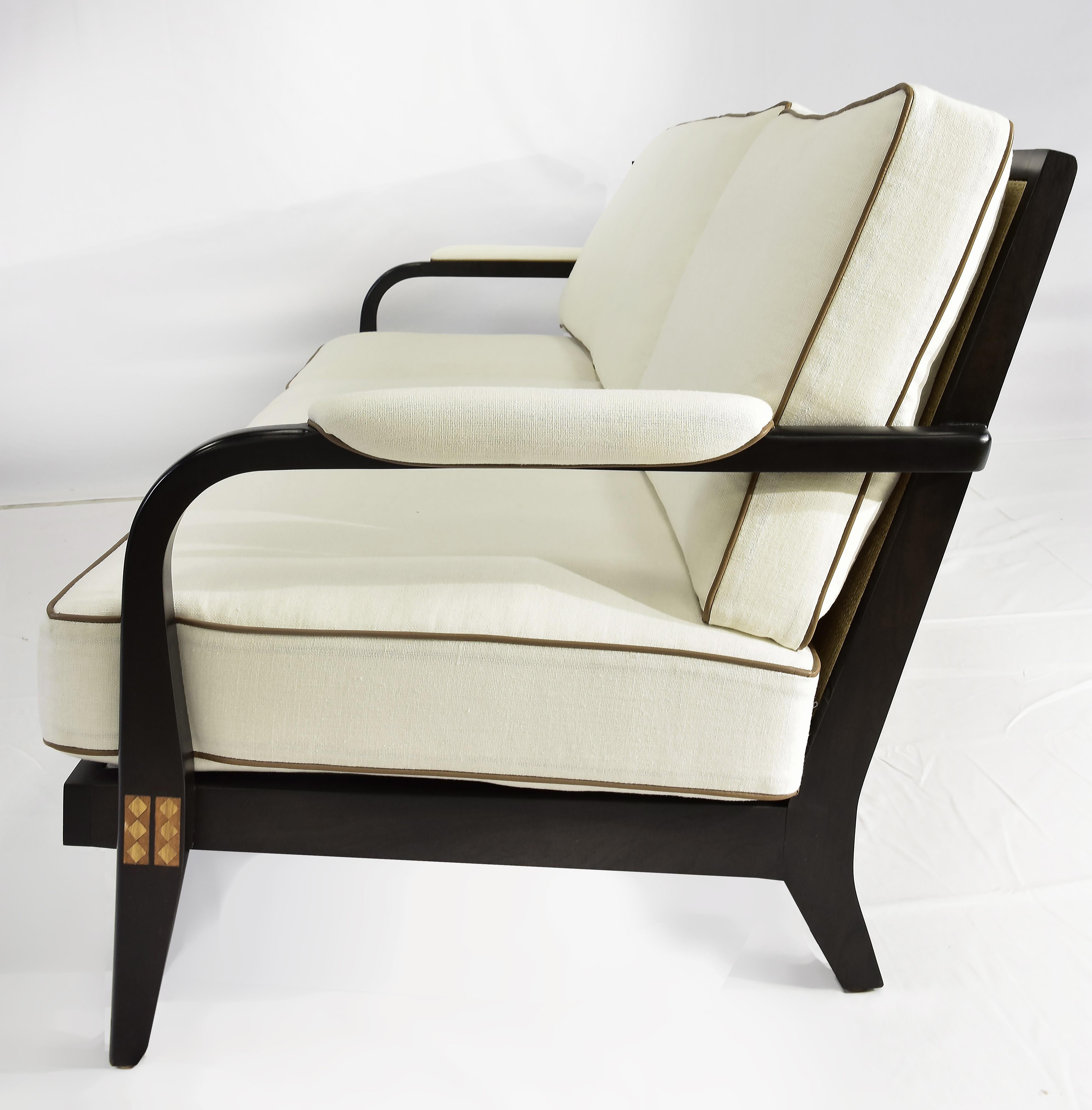 Veneer Le June Upholstery 3 Seat Club Havana Sofa Floor Model, Walnut Finished Mahogany For Sale
