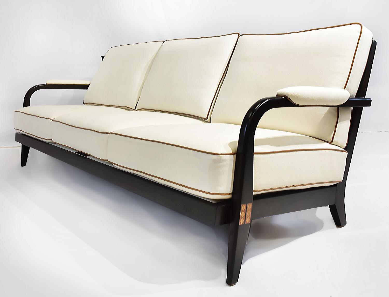 Contemporary Le June Upholstery 3 Seat Club Havana Sofa Floor Model, Walnut Finished Mahogany For Sale