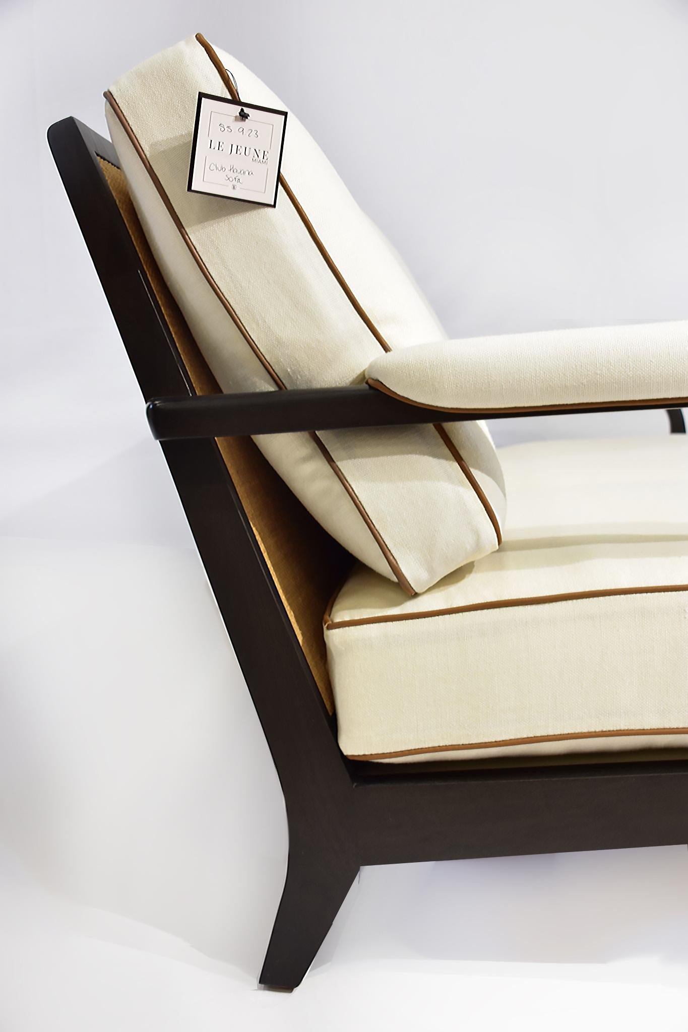 Fabric Le June Upholstery 3 Seat Club Havana Sofa Floor Model, Walnut Finished Mahogany For Sale