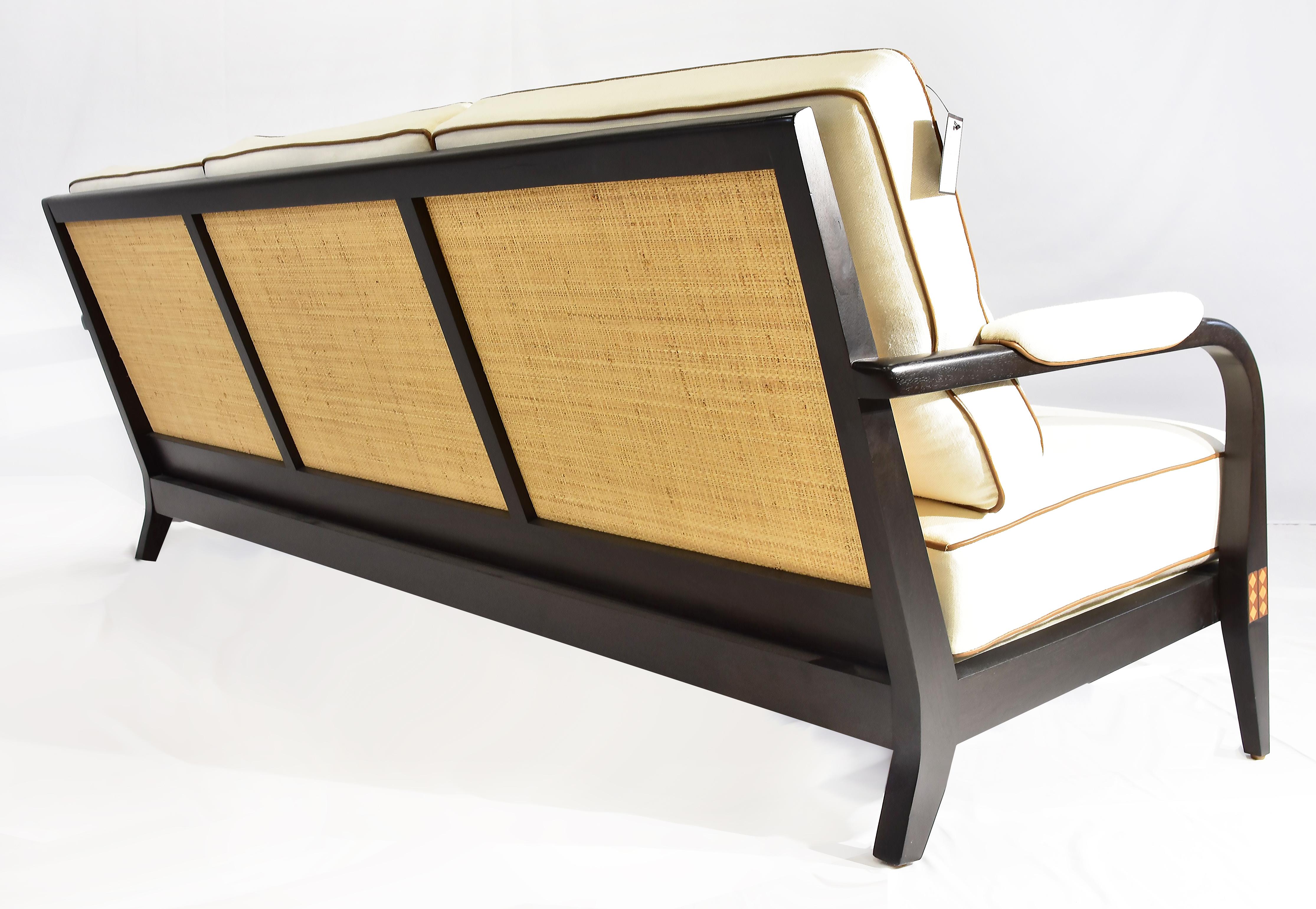 Le June Upholstery 3 Seat Club Havana Sofa Floor Model, Walnut Finished Mahogany For Sale 2