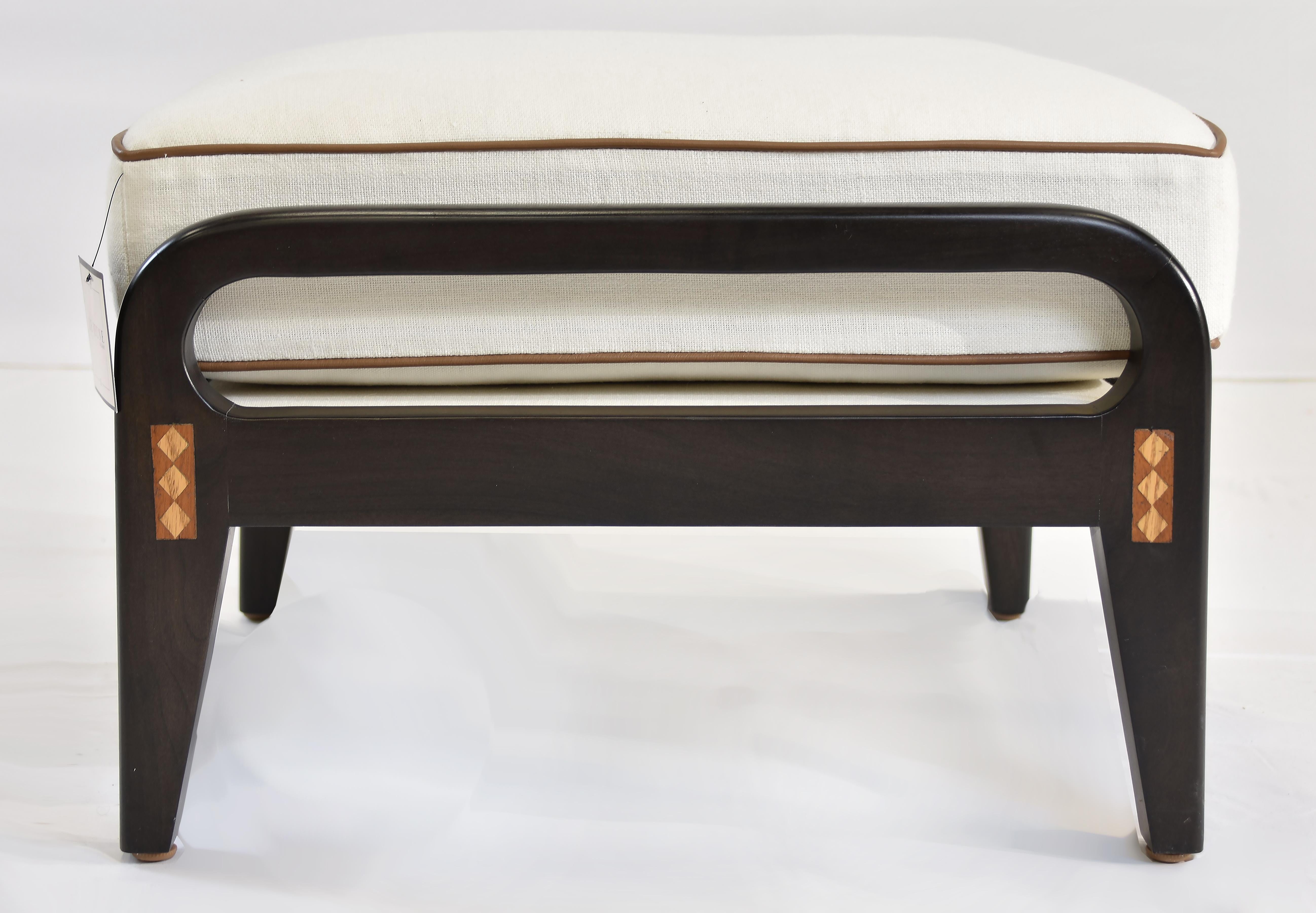 Veneer Le Jeune Upholstery Club Havana Ottoman Floor Model, Walnut Finished Mahogany For Sale