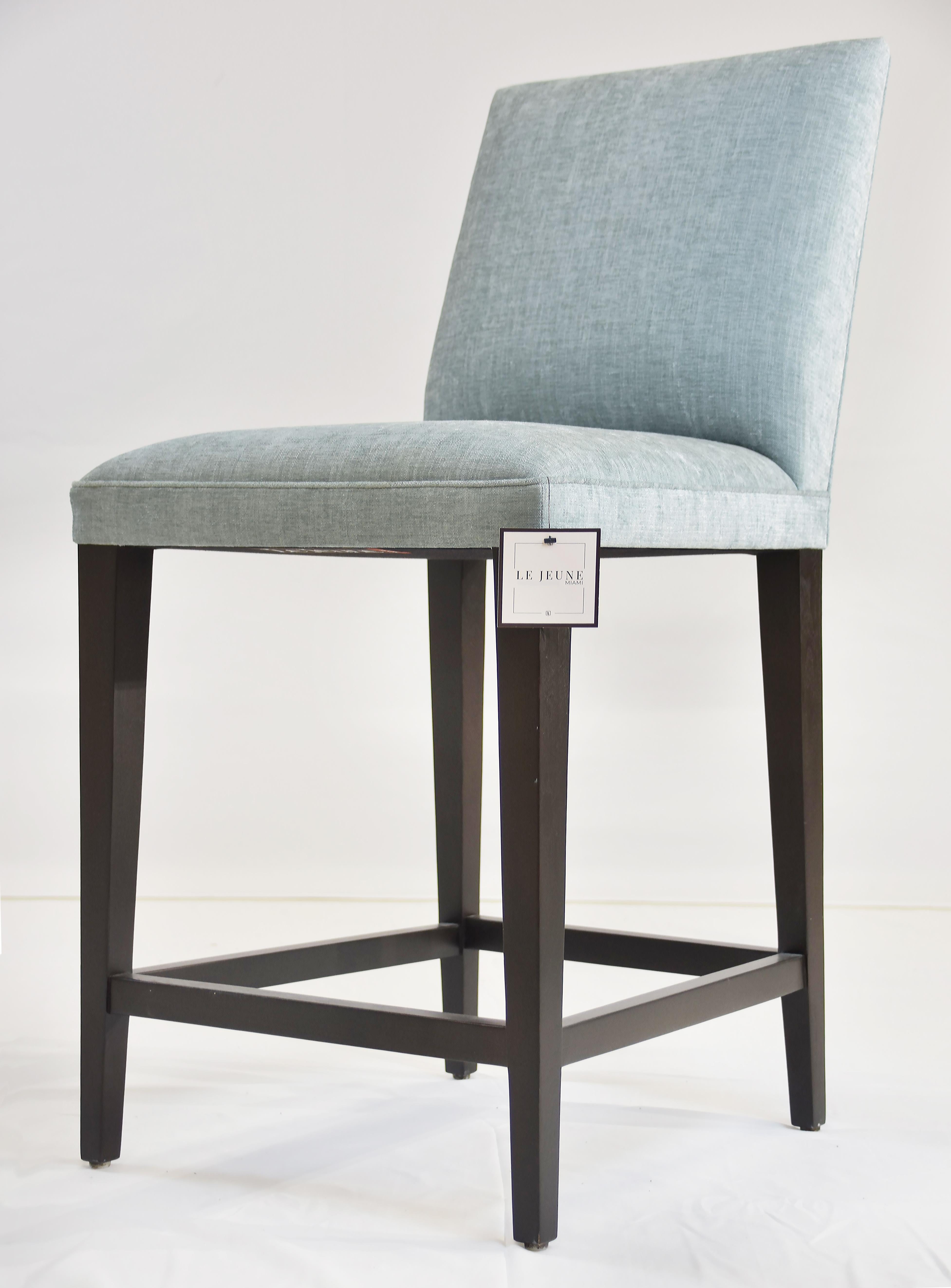 Tissu Le Jeune Upholstery Cutler Counter Stool Floor Model with Wood Footrest en vente