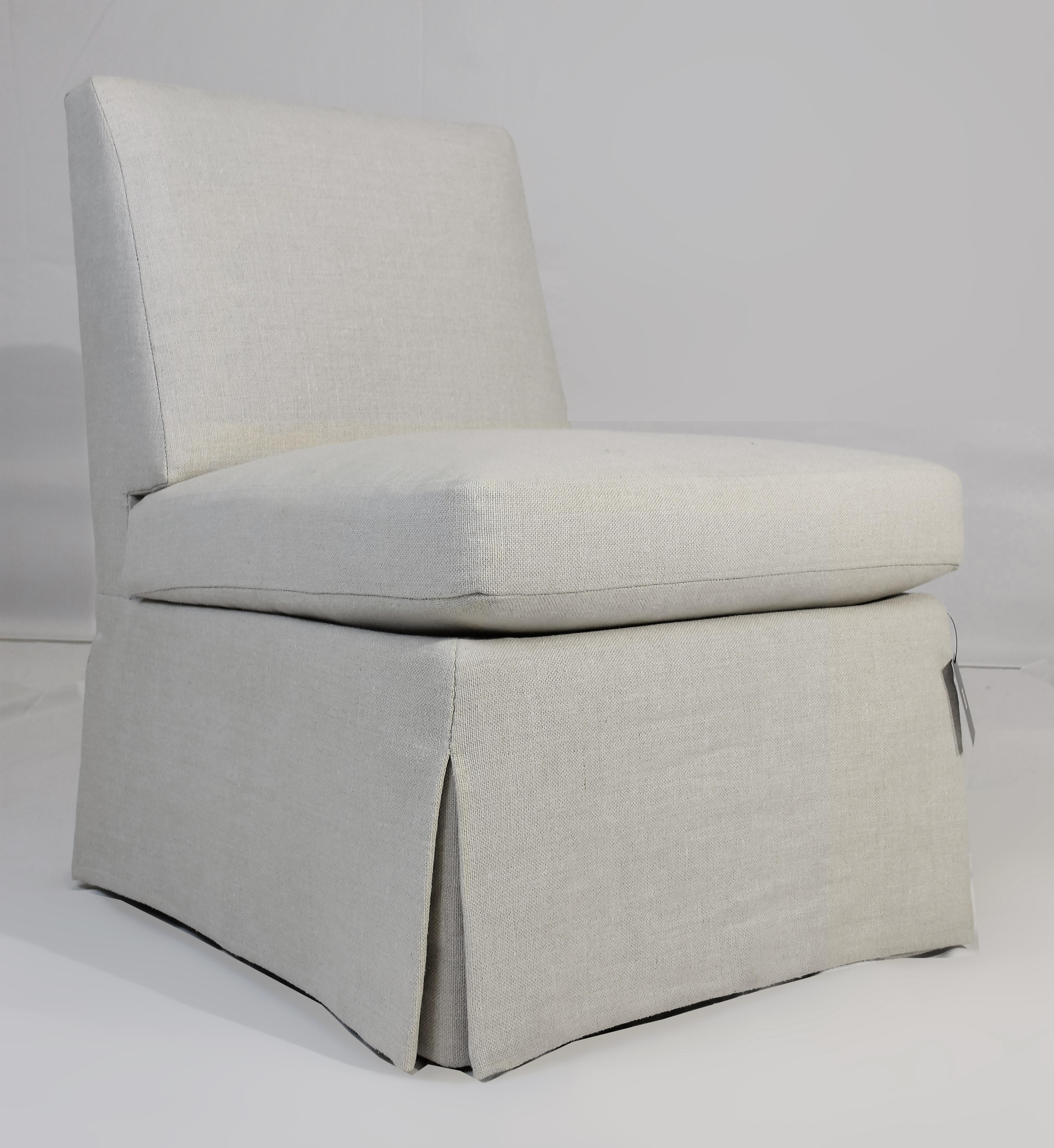 Le Jeune Upholstery Ella Slipper Chair Floor Sample in Ivory

Offered for sale is a floor model from Le Jeune Upholstery for the Ella Slipper Chair. The armless slipper chair has s loose cushion seat. The cores are foam wrapped in down and feathers