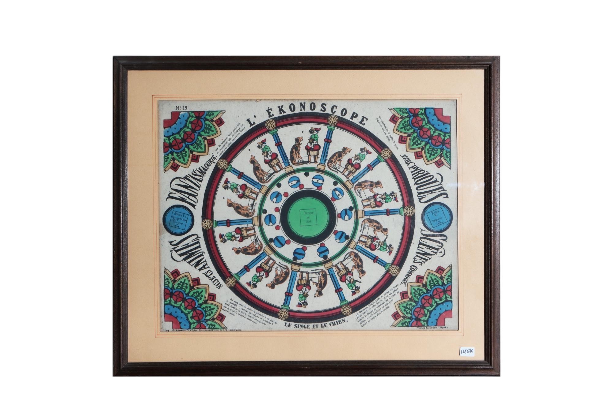 Rare set of 3 framed original Phenakistoscopes

France, Epinal, late 19th century

Rare objects from filmmaking history. Phenakistoscope was the first widespread animation device that created a fluid illusion of motion.

Le Singe and le Chien

Le