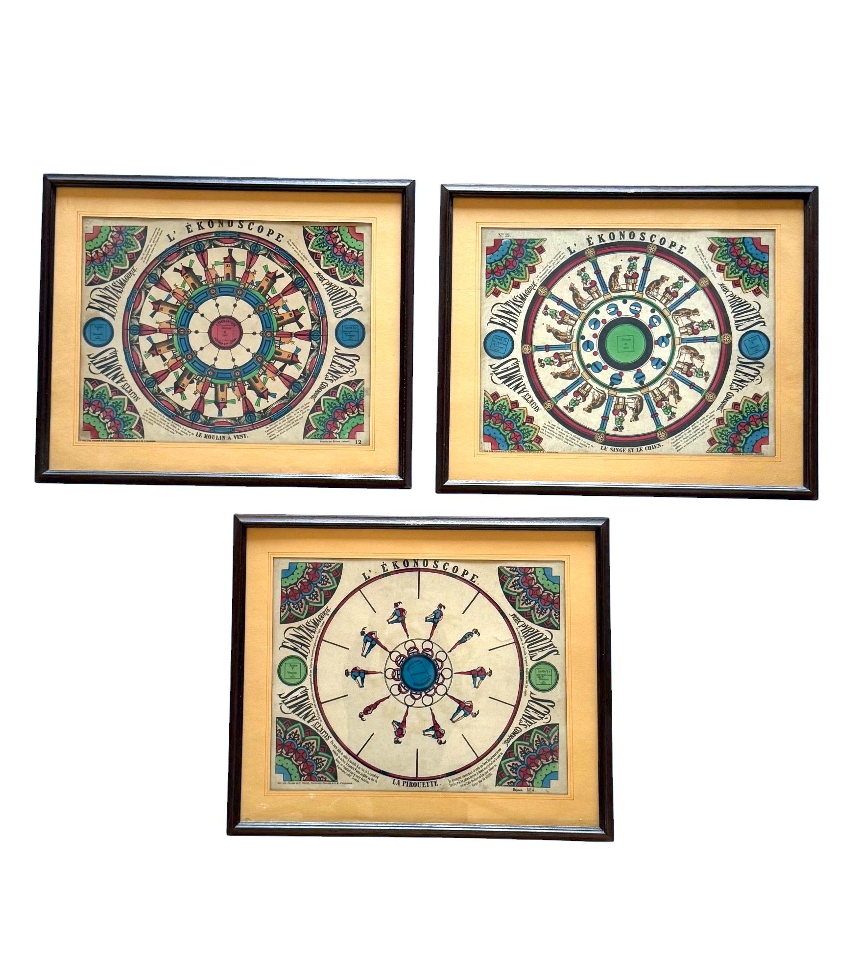 The Ekonoscope, set of 3  framed original Phenakistoscopes, France Epinal, 19th cen In Excellent Condition For Sale In Firenze, IT