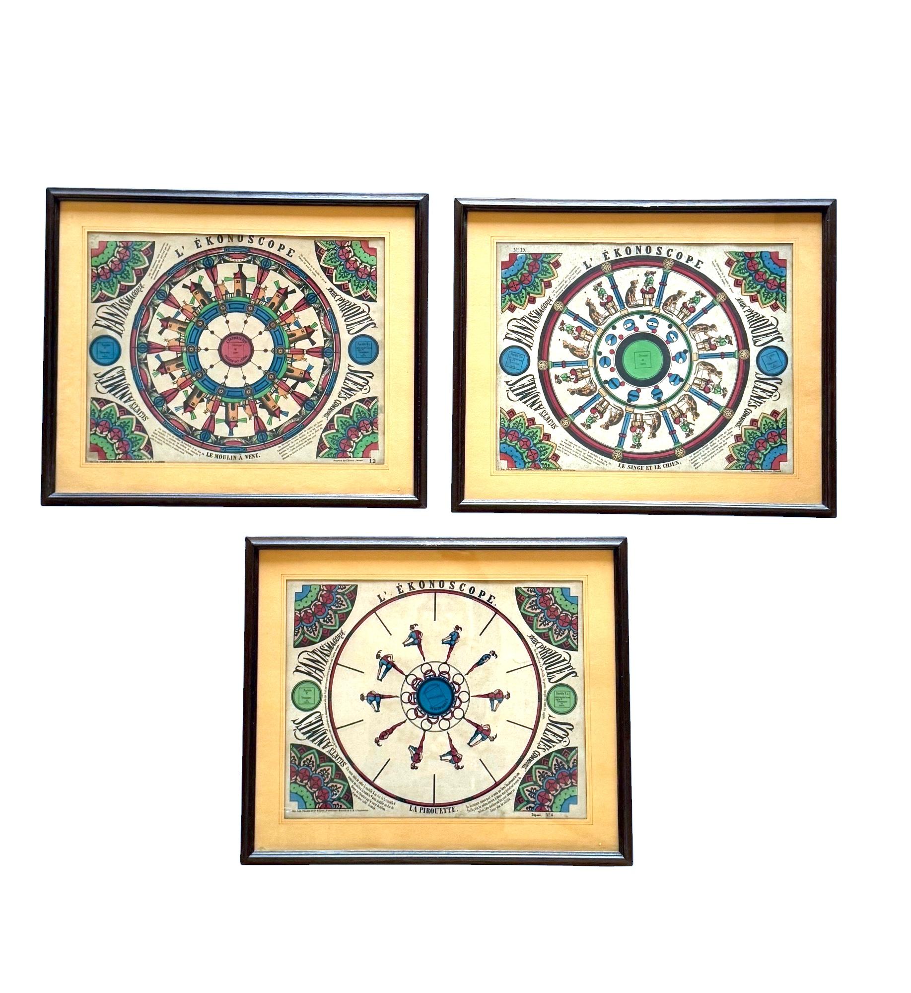 19th Century The Ekonoscope, set of 3  framed original Phenakistoscopes, France Epinal, 19th cen For Sale