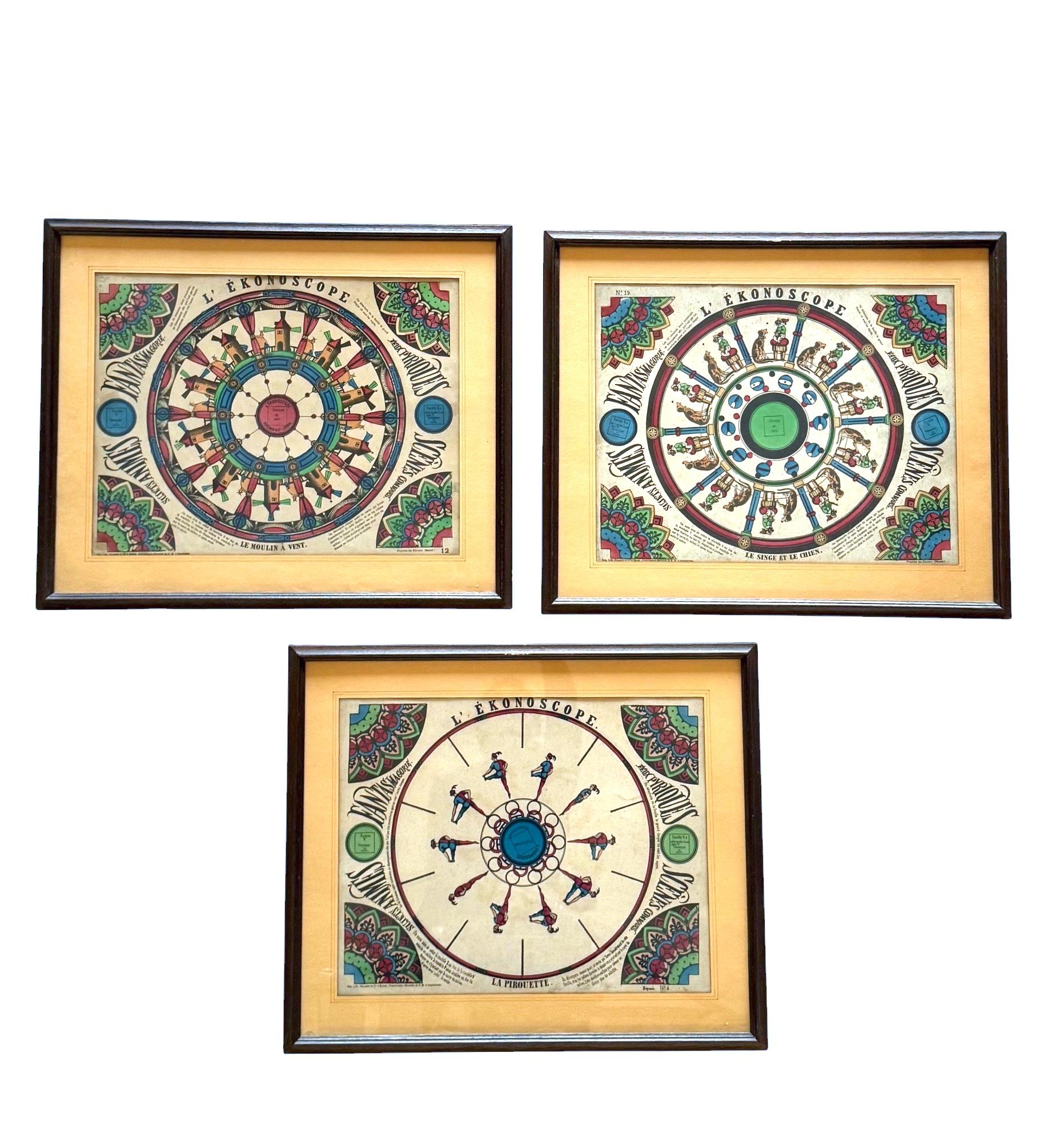 Wood The Ekonoscope, set of 3  framed original Phenakistoscopes, France Epinal, 19th cen For Sale