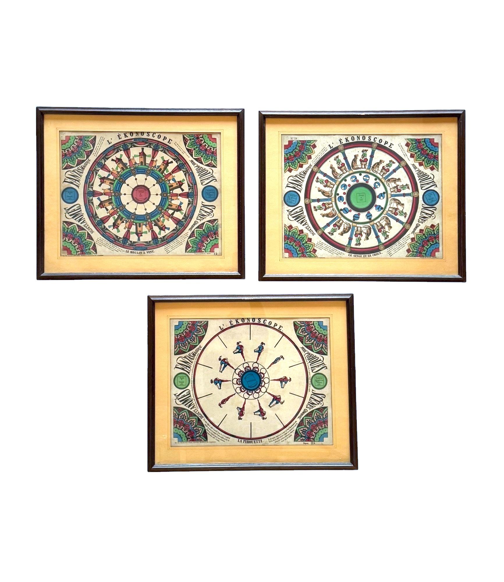 The Ekonoscope, set of 3  framed original Phenakistoscopes, France Epinal, 19th cen For Sale 1