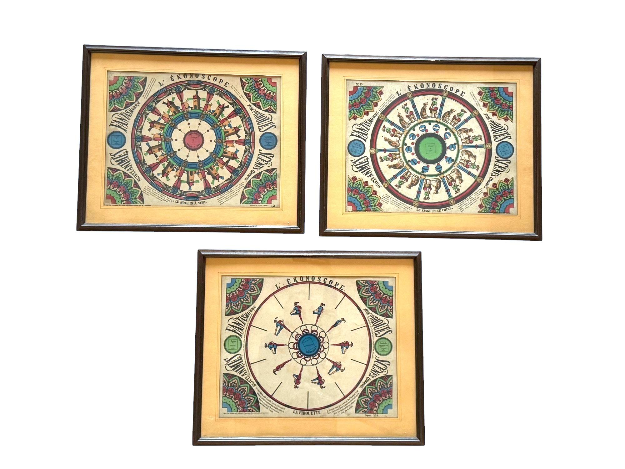 The Ekonoscope, set of 3  framed original Phenakistoscopes, France Epinal, 19th cen For Sale 2