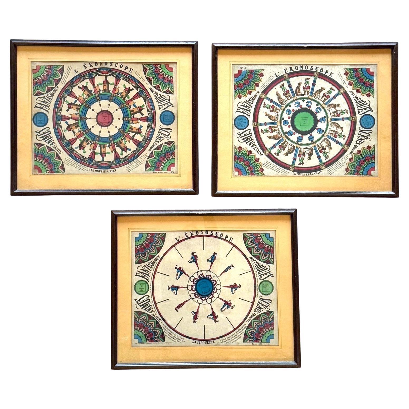 The Ekonoscope, set of 3  framed original Phenakistoscopes, France Epinal, 19th cen For Sale