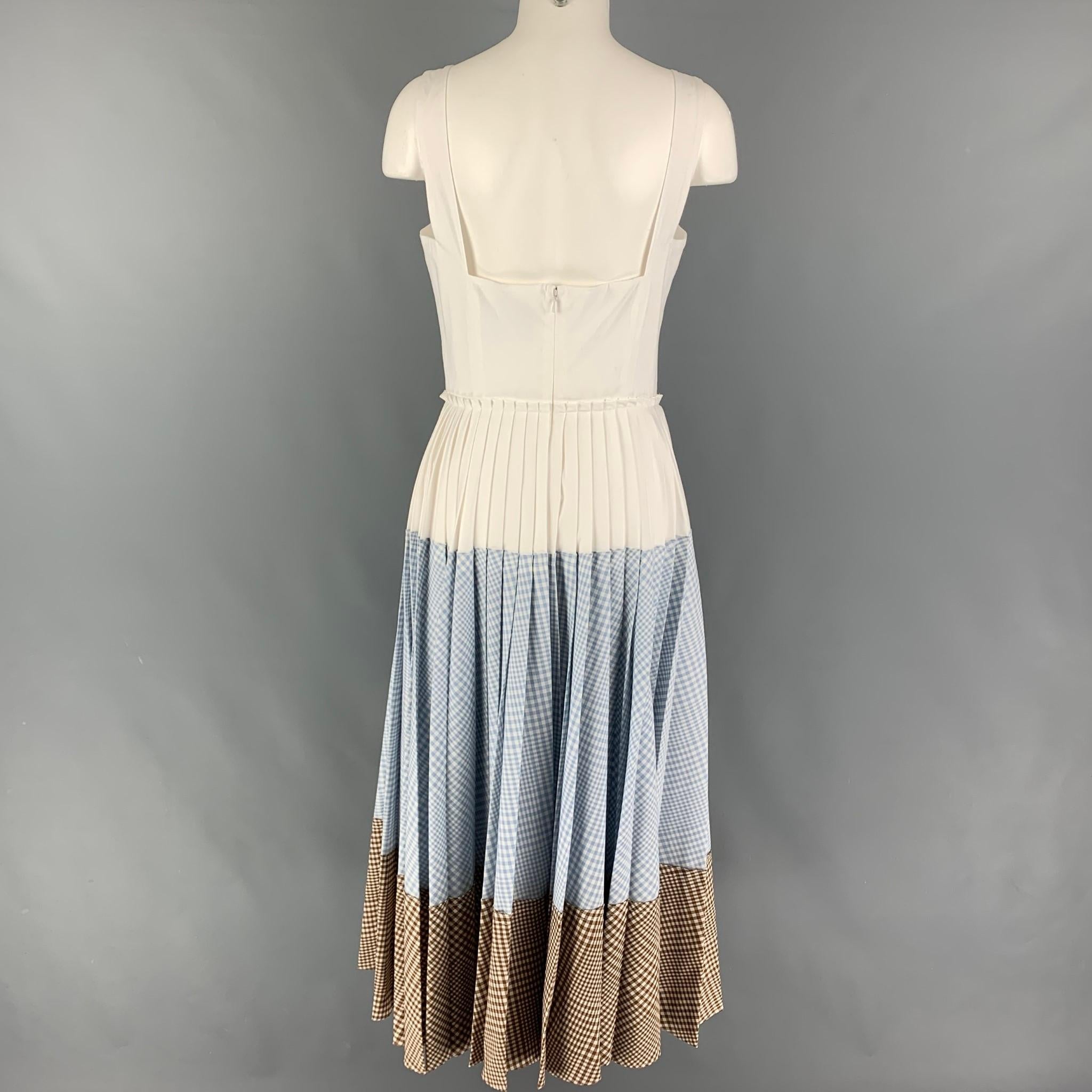 LELA ROSE 2019 Size 8 White Blue Brown Cotton Gingham Pleated Long Dress In Good Condition In San Francisco, CA