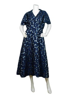 Lela Rose Blue Black Metallic Brocade Shortsleeve V-Neck Dress sz XL