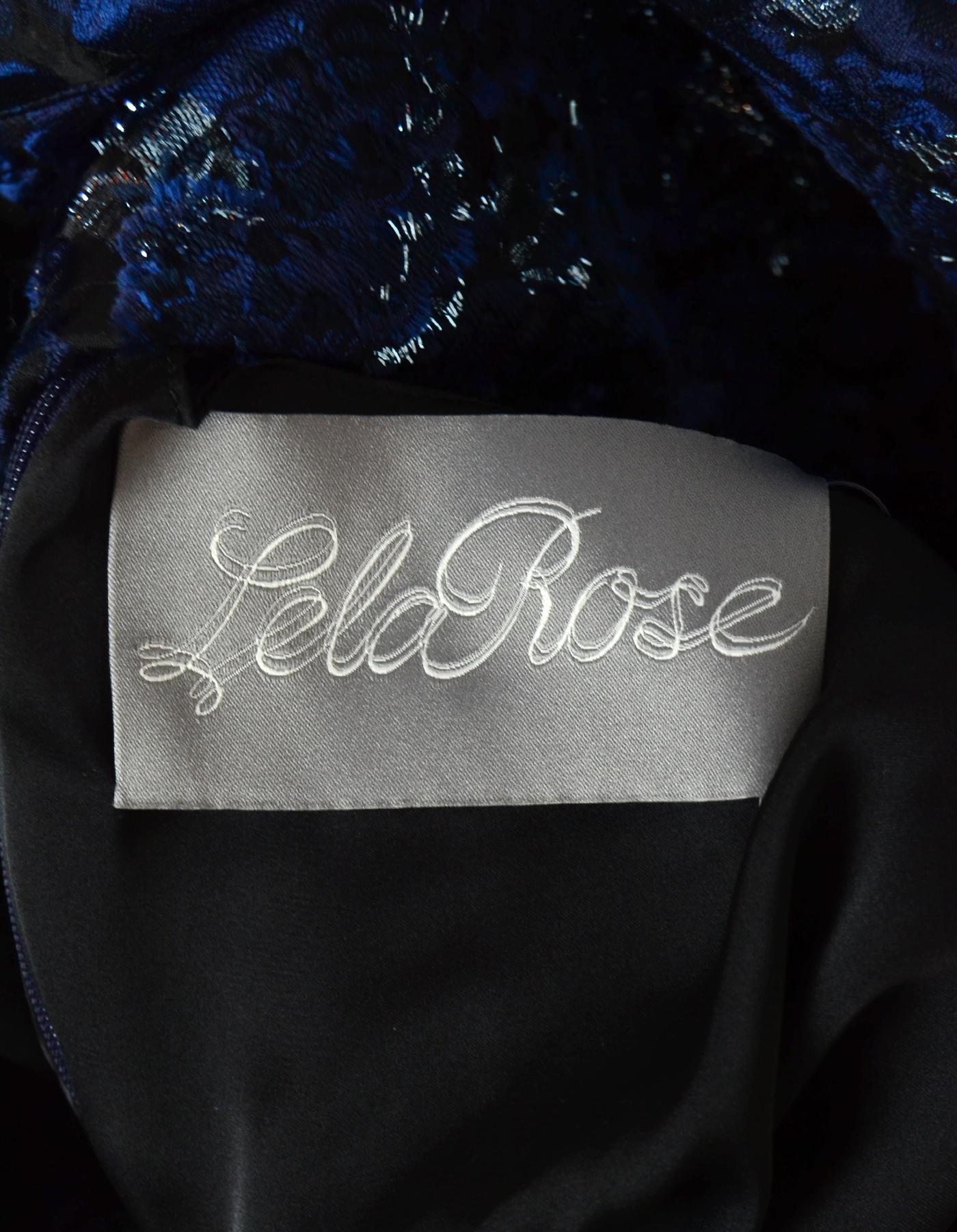 Women's Lela Rose Blue Black Metallic Brocade Shortsleeve V-Neck Dress sz XL