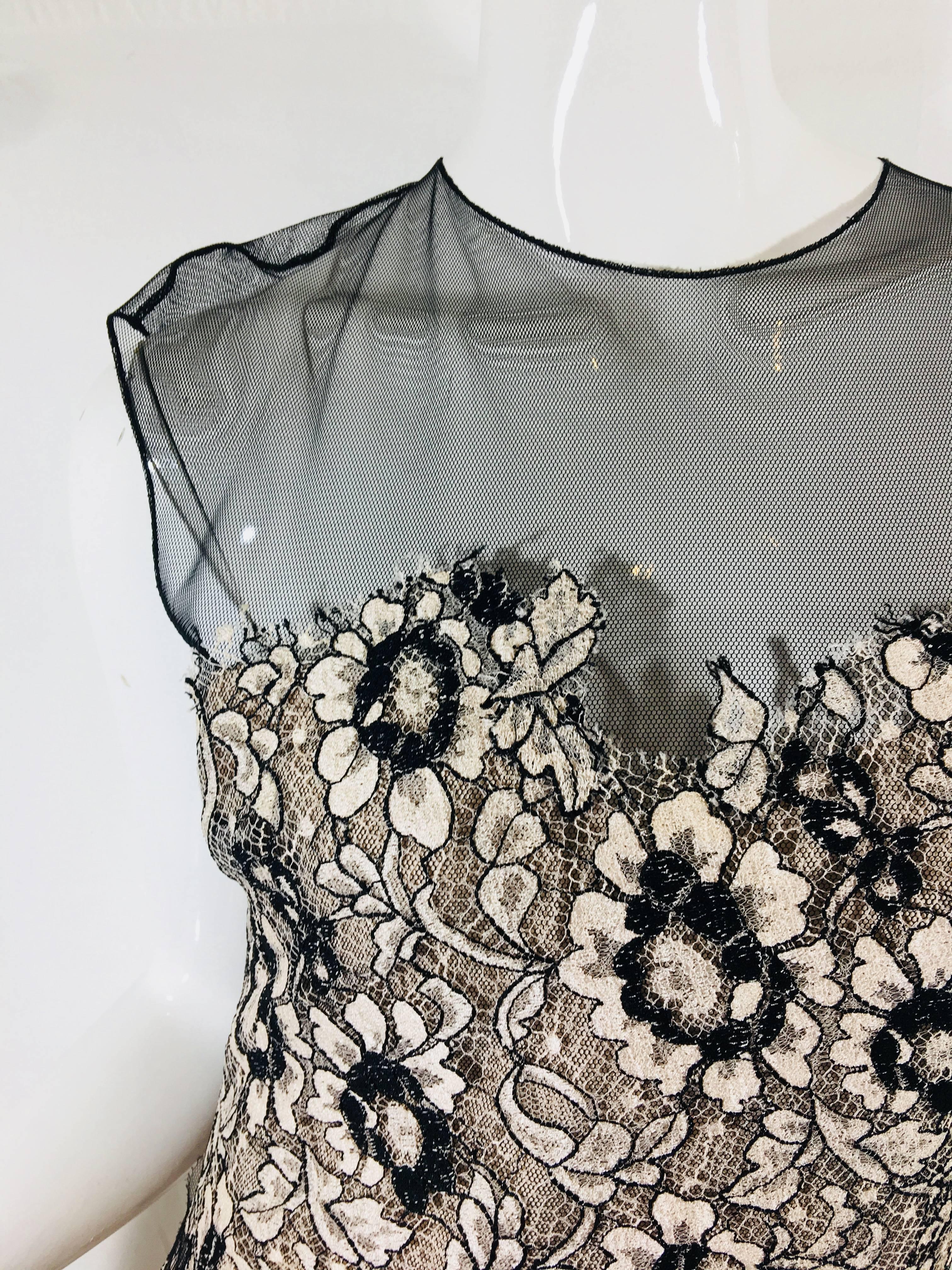 Lela Rose Sleeveless Lace Overlay Dress with Mesh Detail.