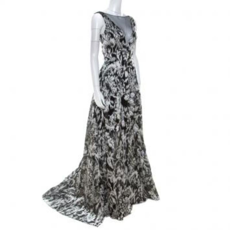 Lela Rose Monochrome Lurex Ikat Patterned Jacquard Sheer Yoke Sleeveless Gown XS 5