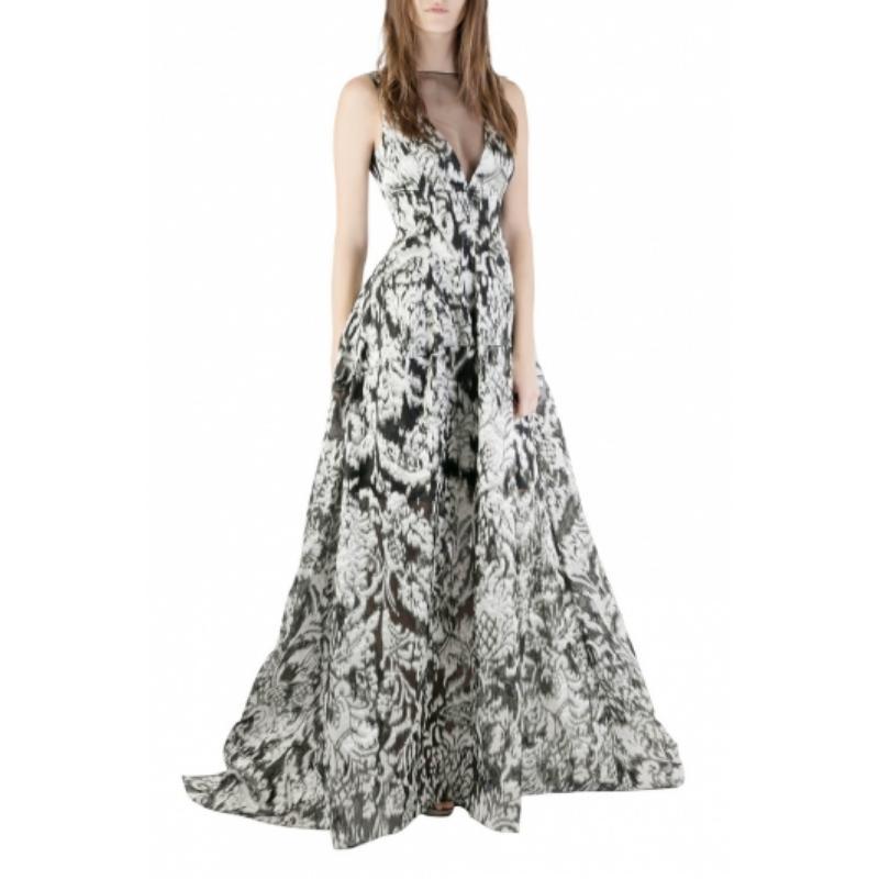 Gray Lela Rose Monochrome Lurex Ikat Patterned Jacquard Sheer Yoke Sleeveless Gown XS