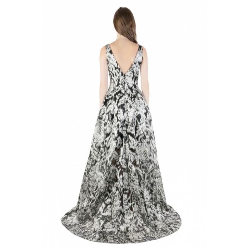 Lela Rose Monochrome Lurex Ikat Patterned Jacquard Sheer Yoke Sleeveless Gown XS In Good Condition In Dubai, Al Qouz 2