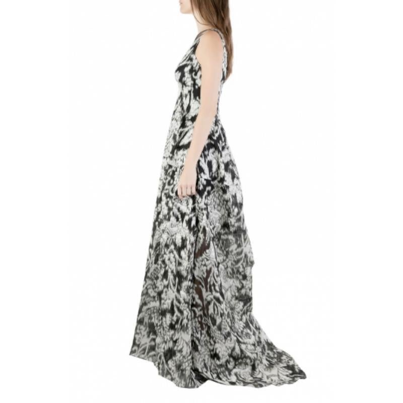 Women's Lela Rose Monochrome Lurex Ikat Patterned Jacquard Sheer Yoke Sleeveless Gown XS