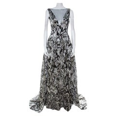 Lela Rose Monochrome Lurex Ikat Patterned Jacquard Sheer Yoke Sleeveless Gown XS
