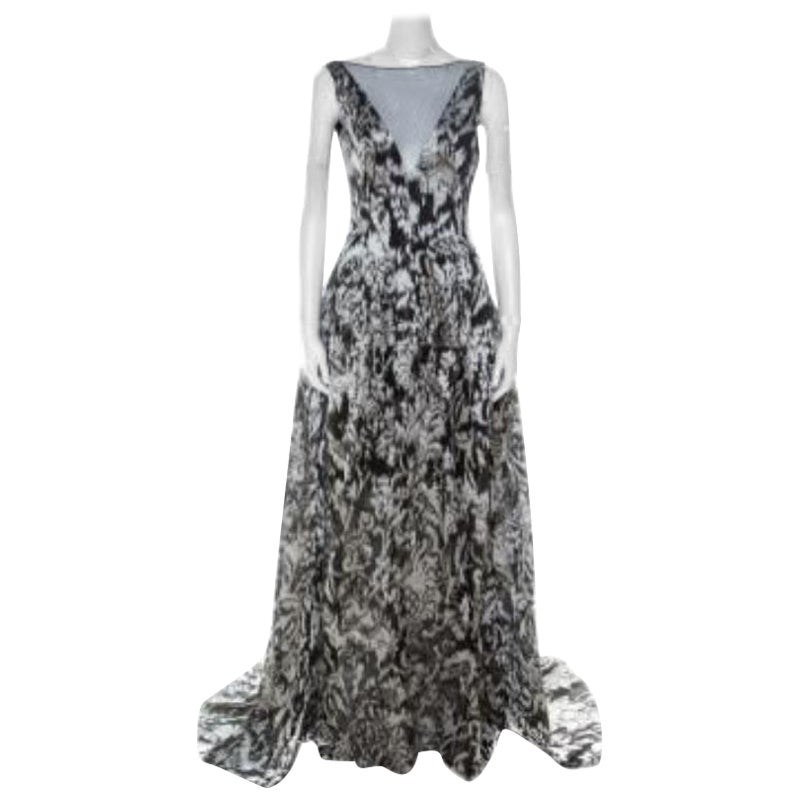 Lela Rose Monochrome Lurex Ikat Patterned Jacquard Sheer Yoke Sleeveless Gown XS
