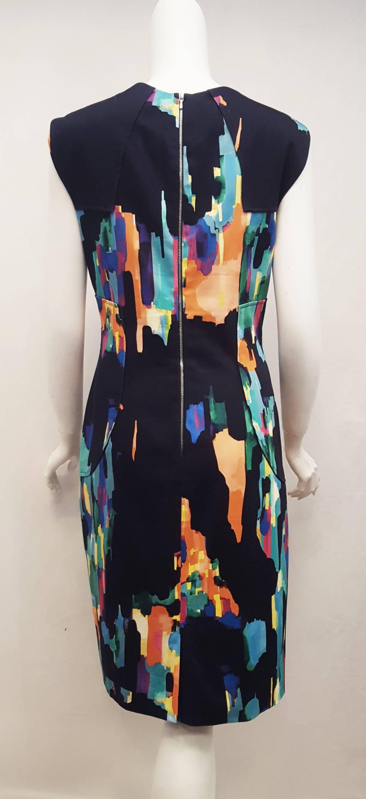 Lela Rose Multi Primary Colors Black Base Sleeveless Dress In Excellent Condition For Sale In Palm Beach, FL