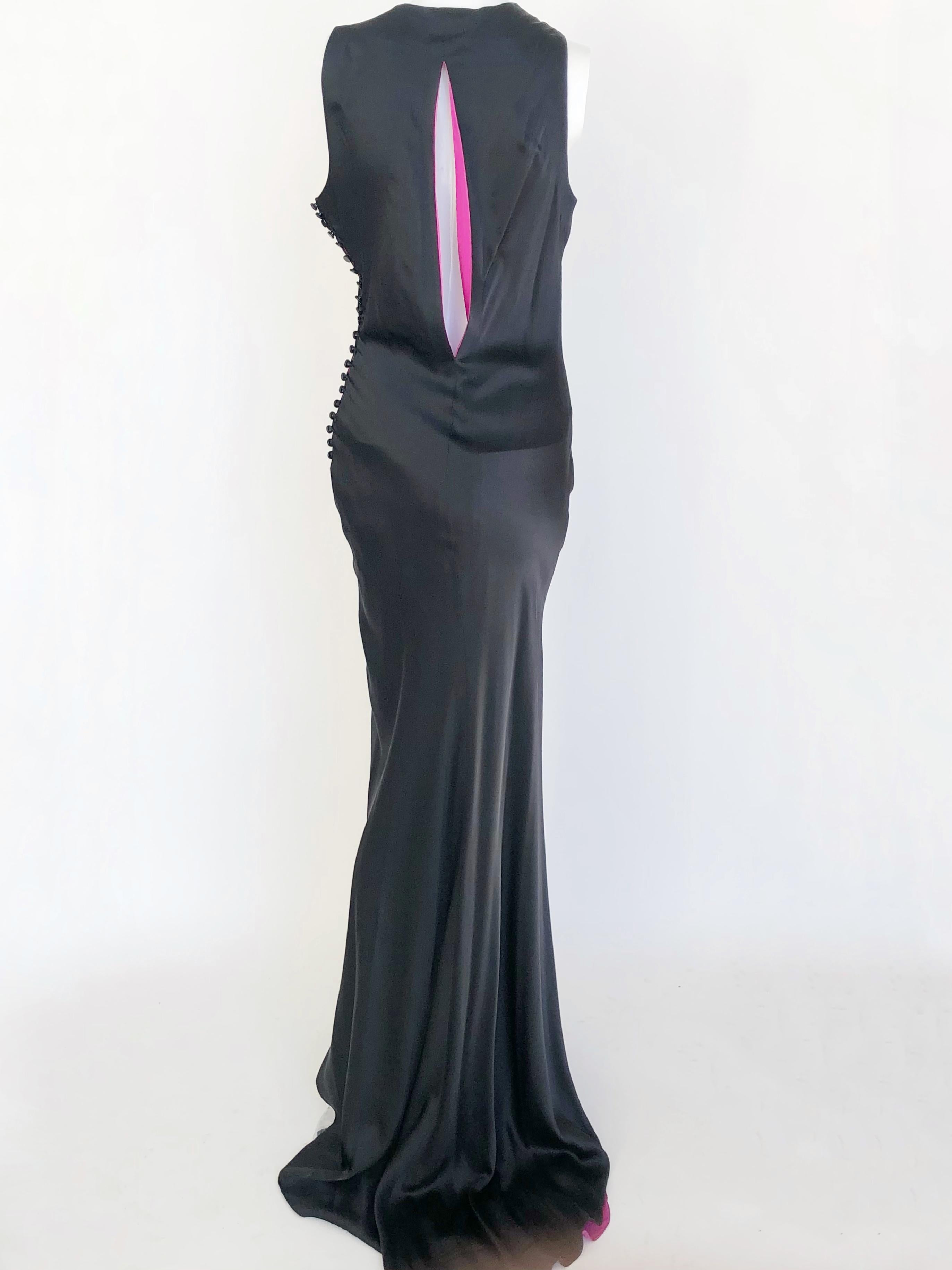 Black Lela Rose satin gown with fuchsia lining.  For Sale