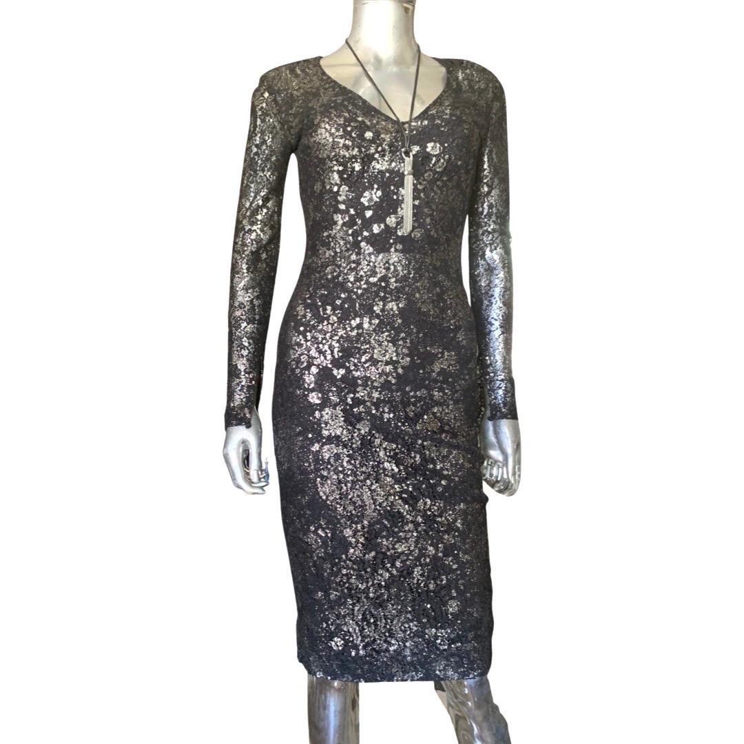 Gray Lela Rose Sexy Silver Metallic Splatter Print on Black Lace Dress Size 0 For Sale
