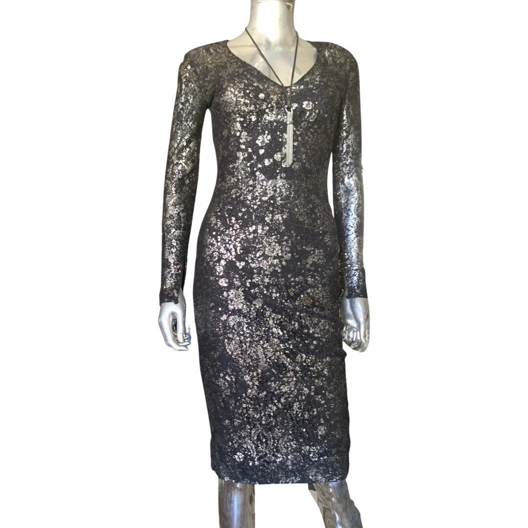 Lela Rose Sexy Vestido de Encaje Negro con Estampado Salpicado Plateado Talla 0 Gris en venta