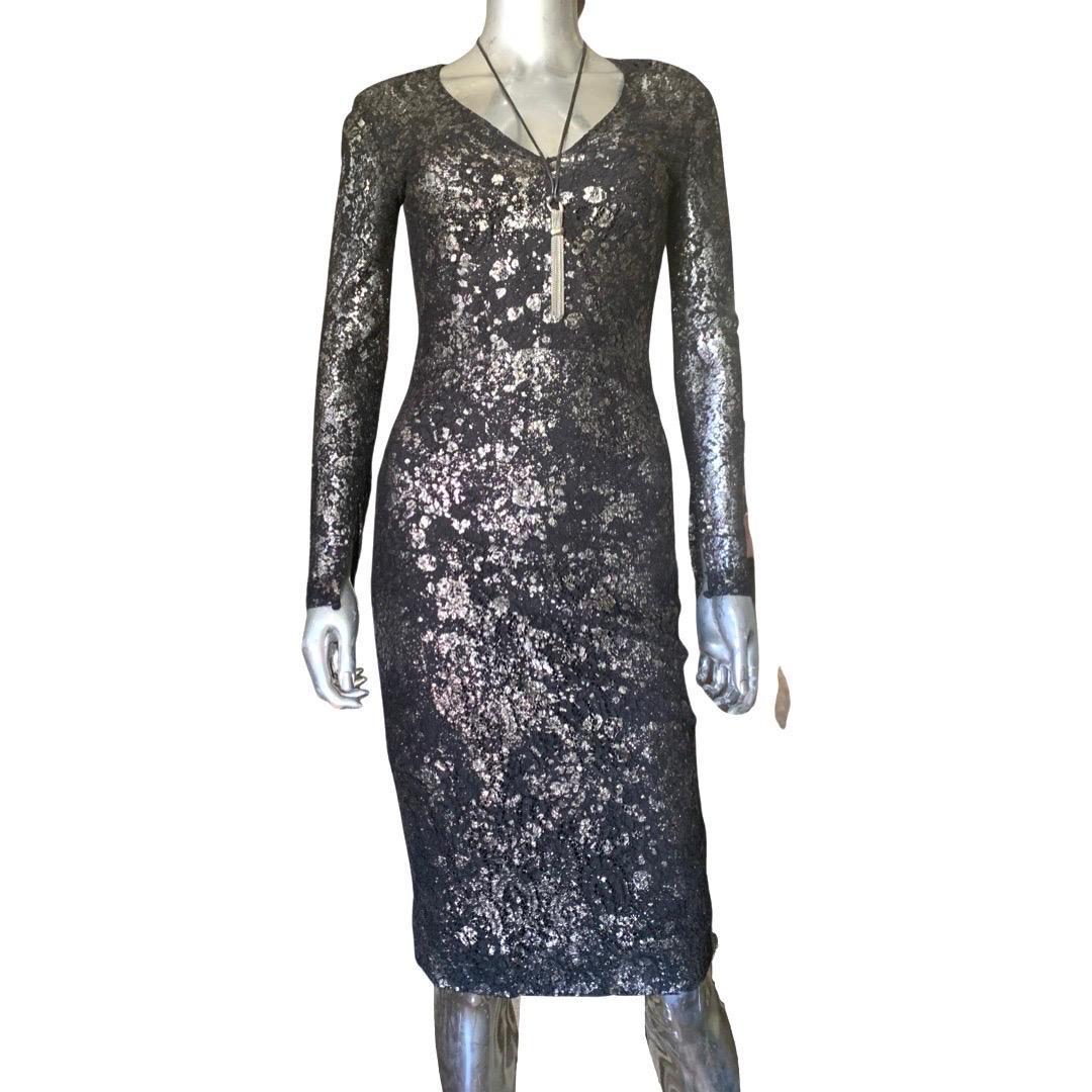 Women's Lela Rose Sexy Silver Metallic Splatter Print on Black Lace Dress Size 0 For Sale