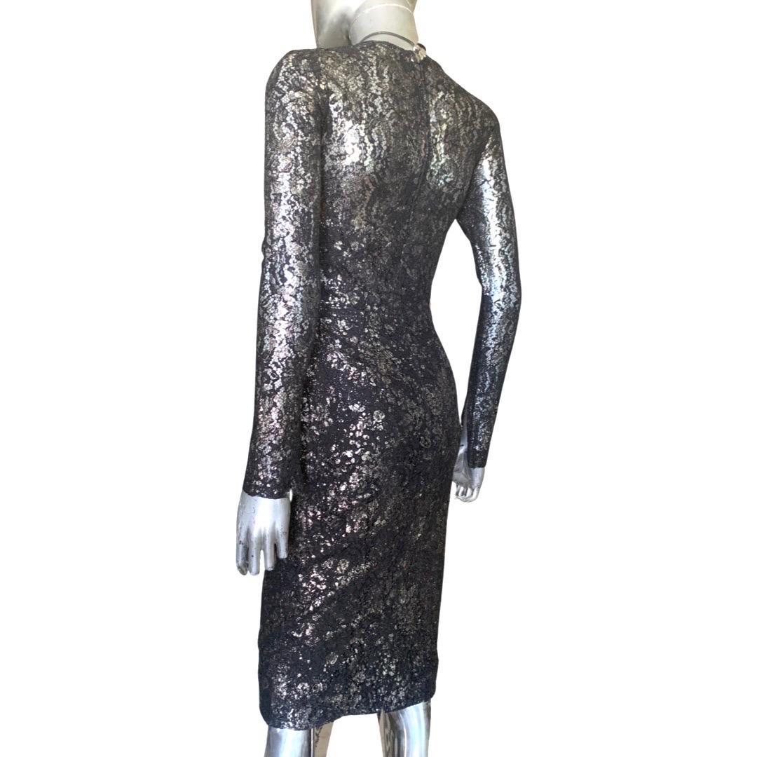 Lela Rose Sexy Silver Metallic Splatter Print on Black Lace Dress Size 0 For Sale 1