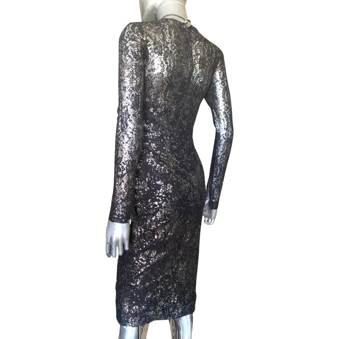 Lela Rose Sexy Vestido de Encaje Negro con Estampado Salpicado Plateado Talla 0 en venta 1