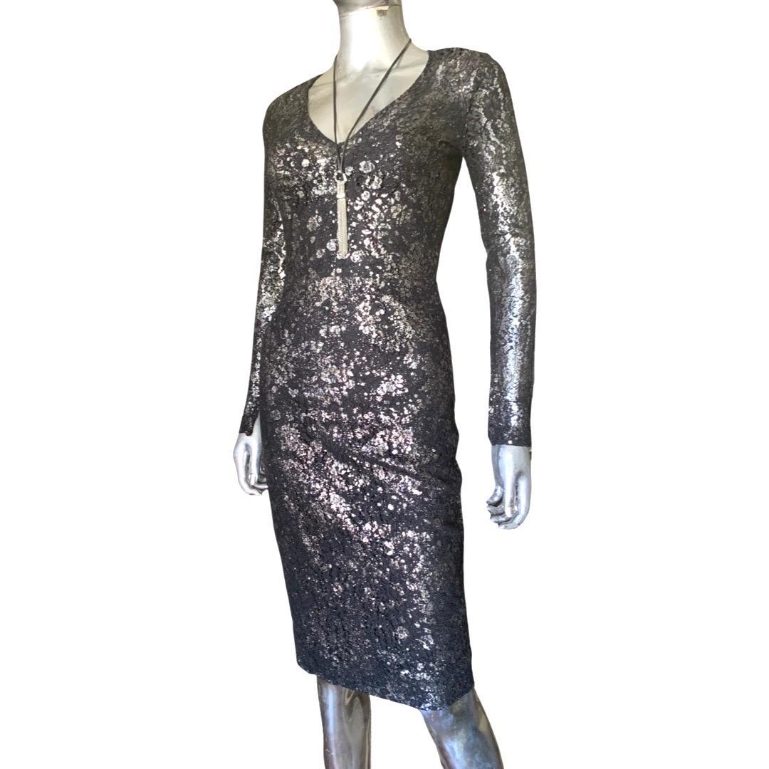 Lela Rose Sexy Silver Metallic Splatter Print on Black Lace Dress Size 0 For Sale 2
